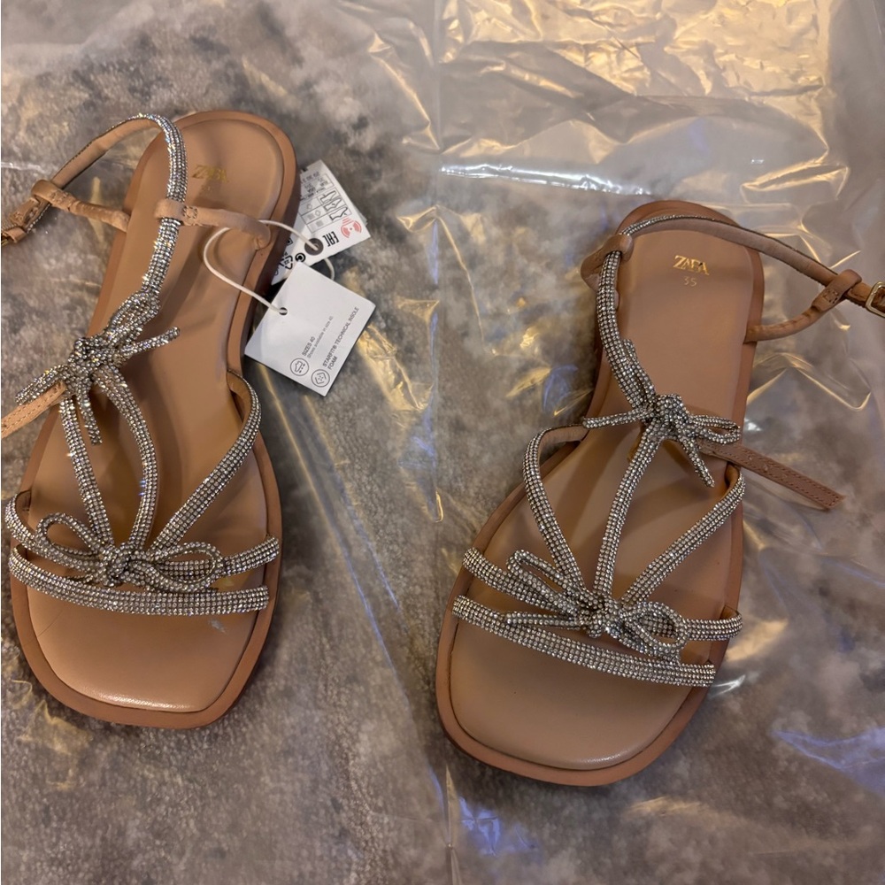 Zara Women's Beige Sandals with Metallic Accents